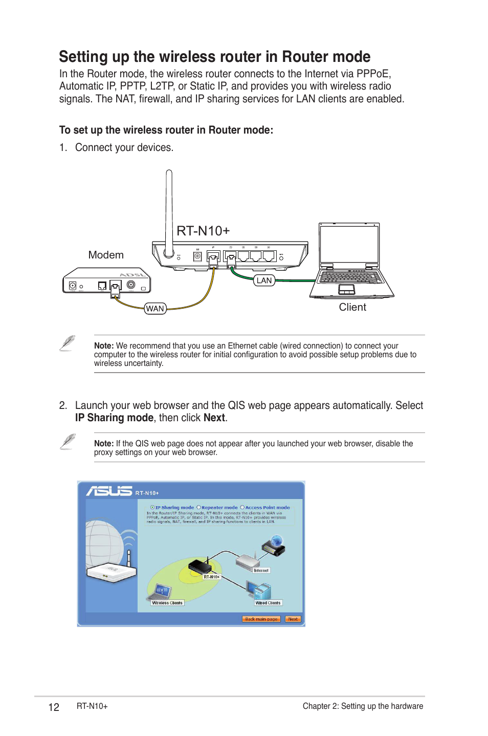 Setting up the wireless router in router mode, Rt-n10 | Asus RT-N10 Plus (VER.C1) User Manual | Page 12 / 53