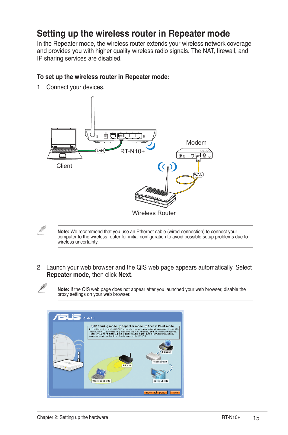 Setting up the wireless router in repeater mode | Asus RT-N10 Plus (VER.C1) User Manual | Page 15 / 53