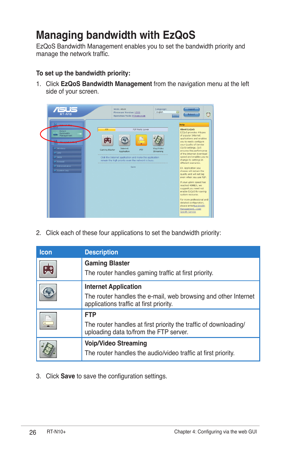 Managing bandwidth with ezqos | Asus RT-N10 Plus (VER.C1) User Manual | Page 26 / 53