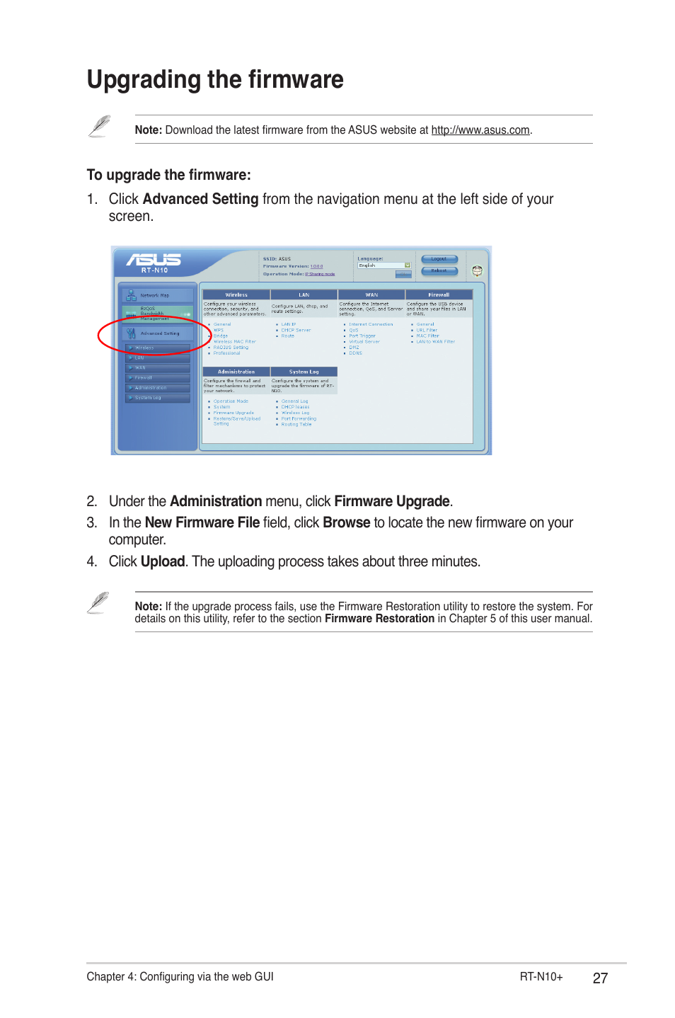 Upgrading the firmware | Asus RT-N10 Plus (VER.C1) User Manual | Page 27 / 53