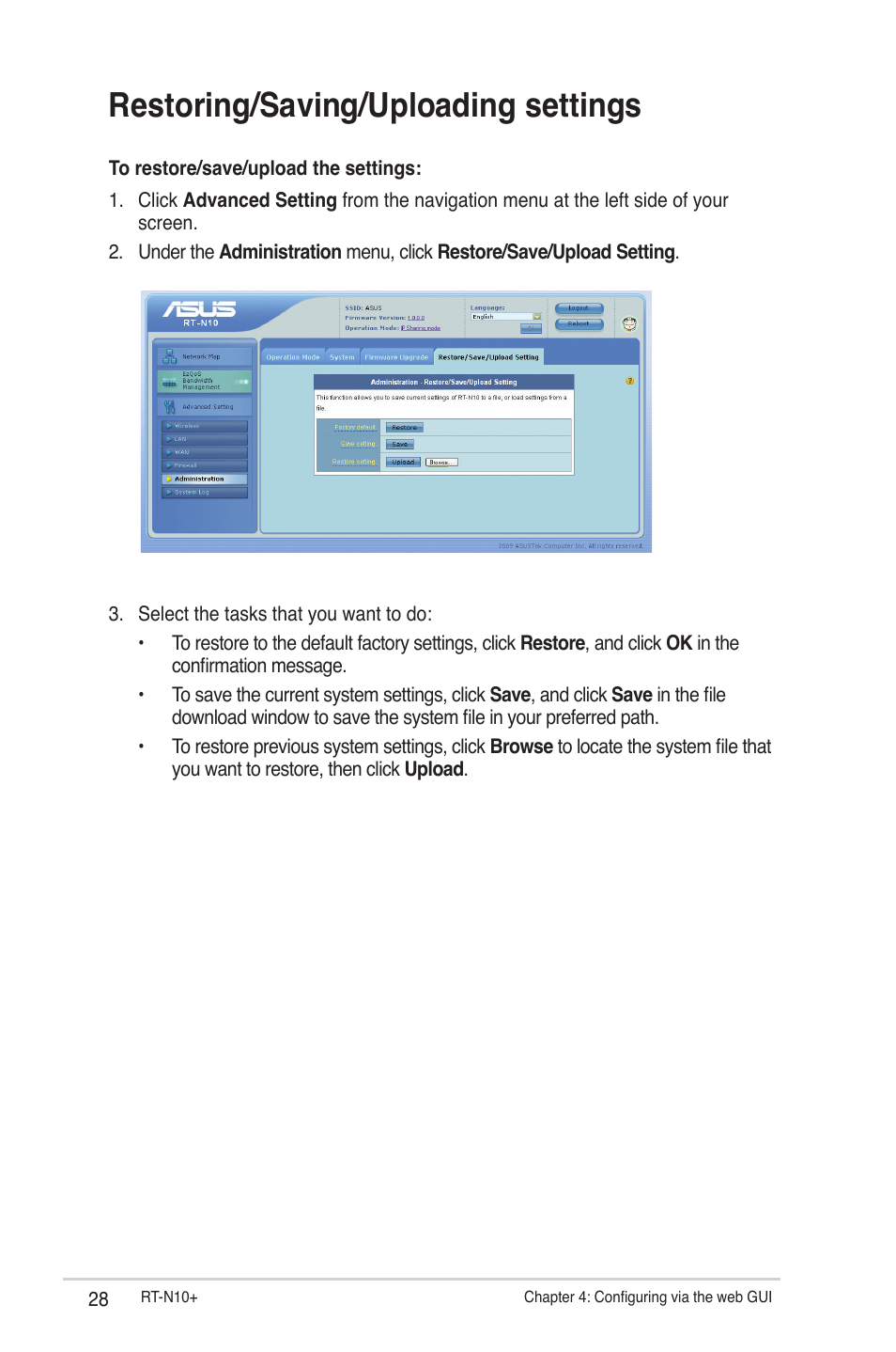 Restoring/saving/uploading settings | Asus RT-N10 Plus (VER.C1) User Manual | Page 28 / 53