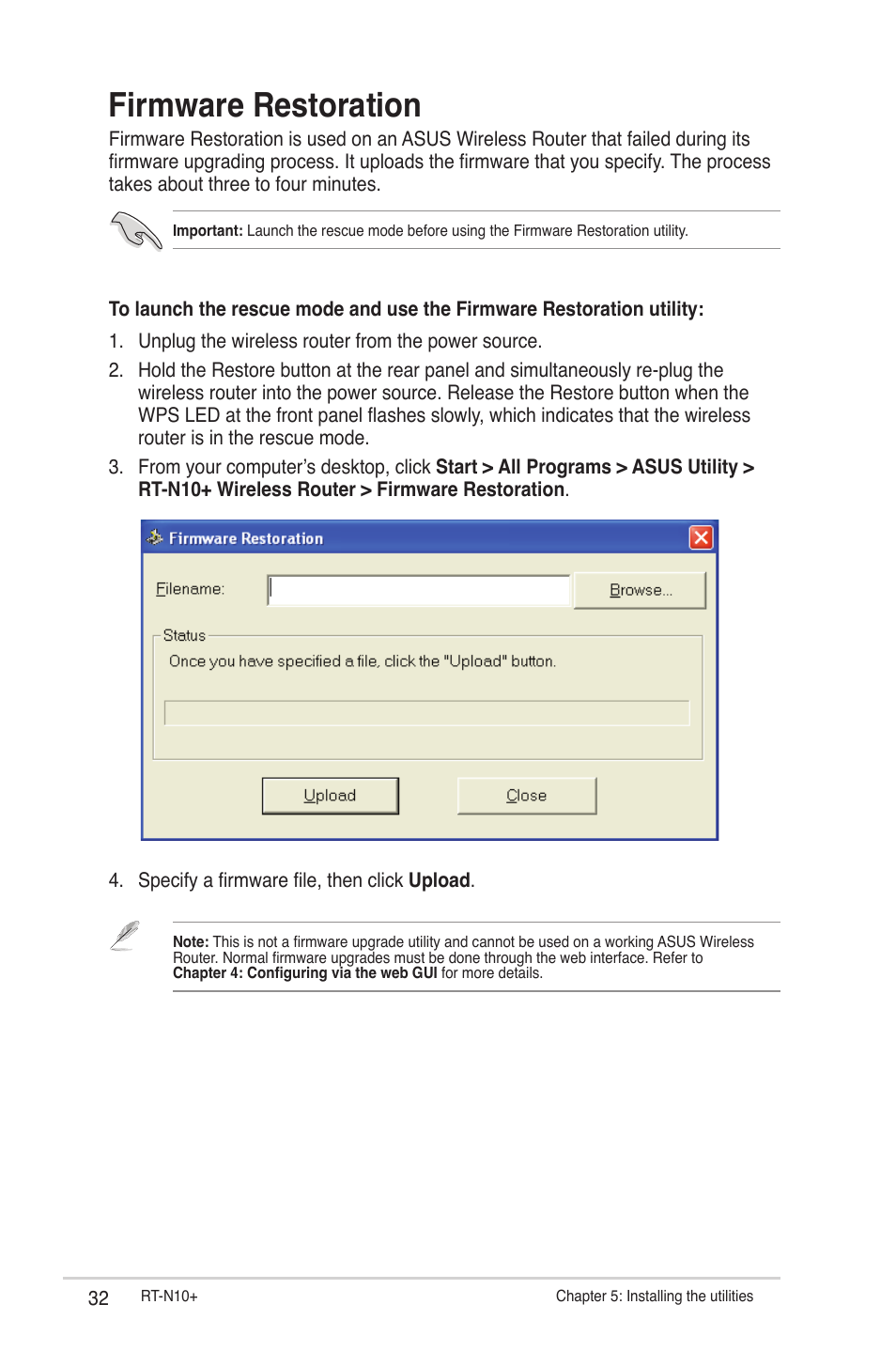 Firmware restoration | Asus RT-N10 Plus (VER.C1) User Manual | Page 32 / 53