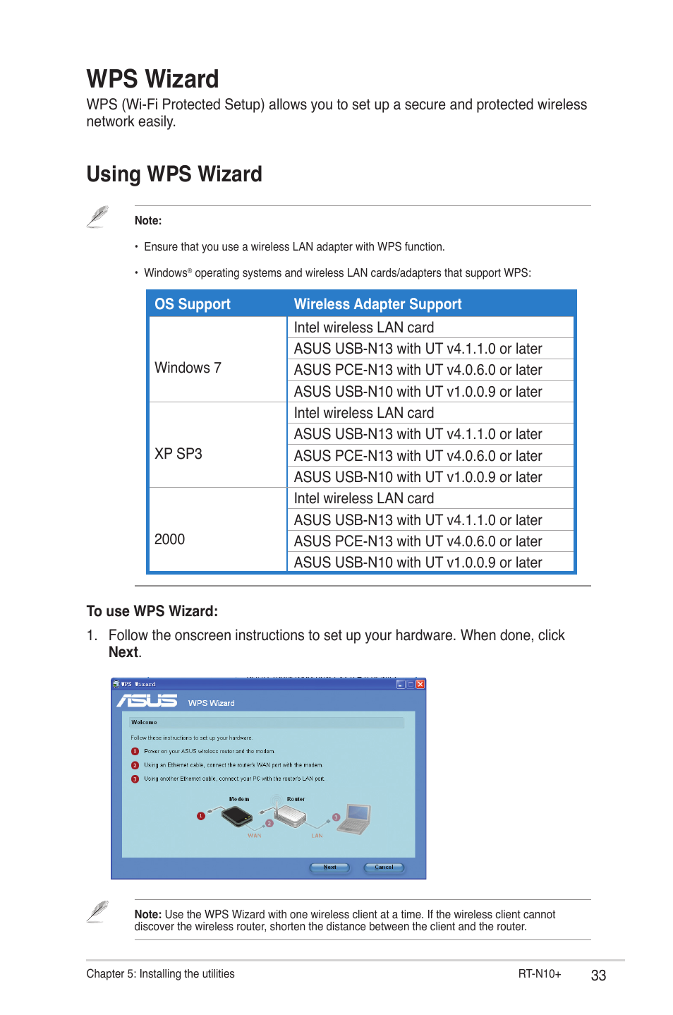 Wps wizard, Using wps wizard | Asus RT-N10 Plus (VER.C1) User Manual | Page 33 / 53