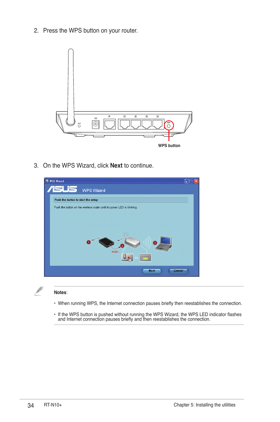 Press the wps button on your router, On the wps wizard, click next to continue | Asus RT-N10 Plus (VER.C1) User Manual | Page 34 / 53