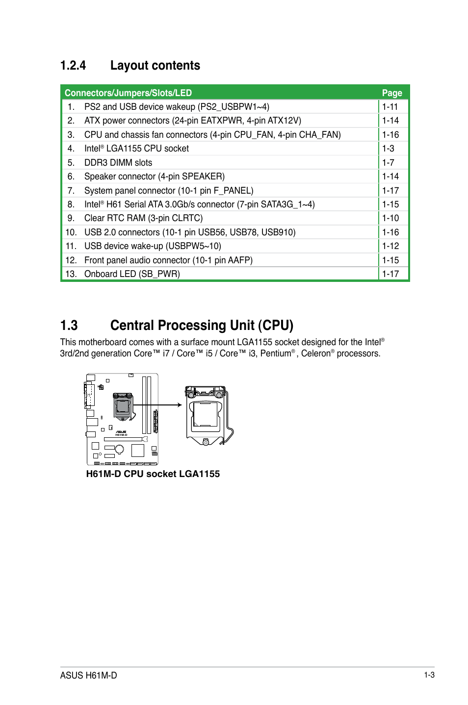 3 central processing unit (cpu), Central processing unit (cpu) -3, 4 layout contents | Asus H61M-D User Manual | Page 10 / 42