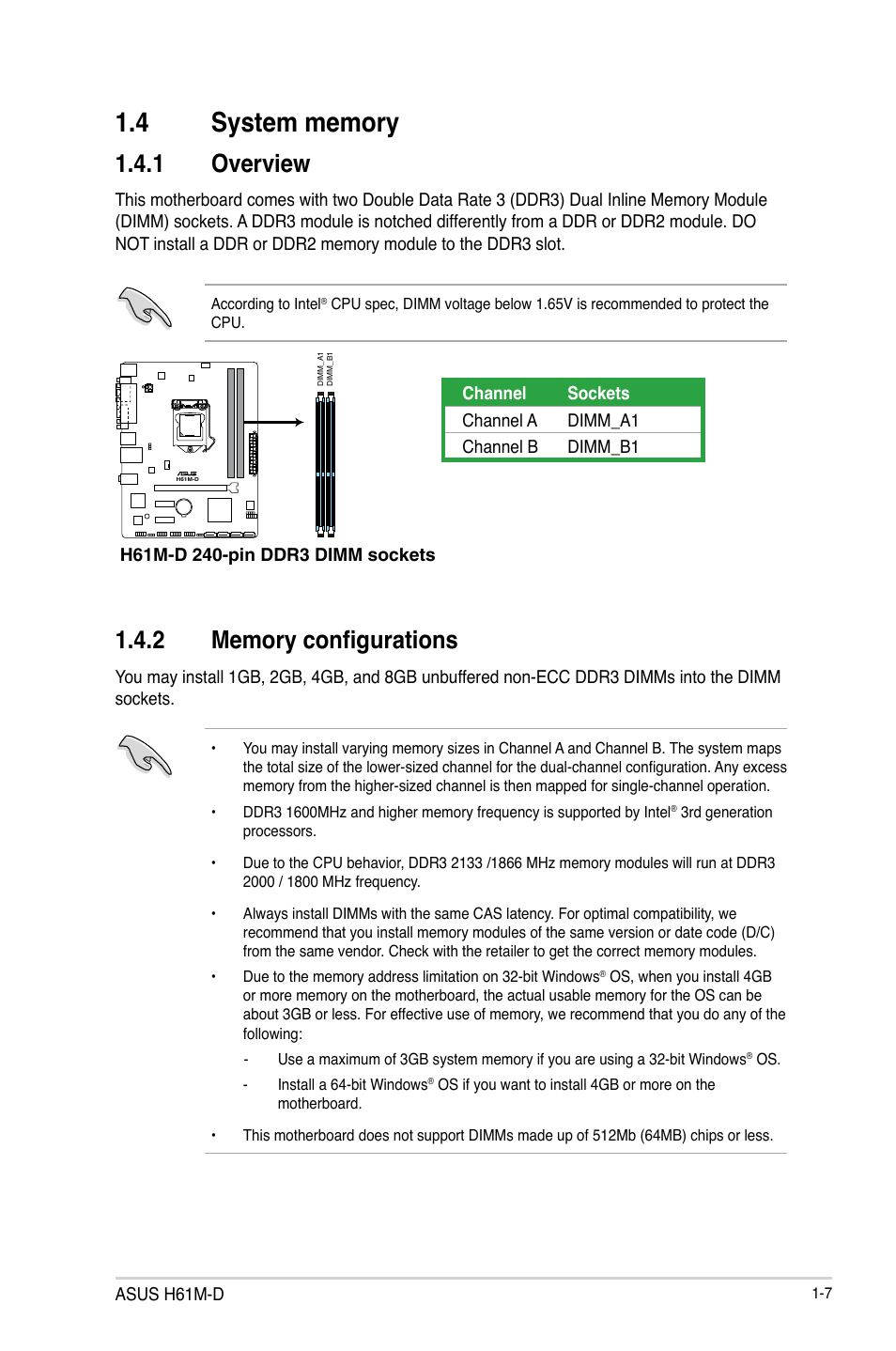 4 system memory, System memory -7, 1 overview | Asus H61M-D User Manual | Page 14 / 42