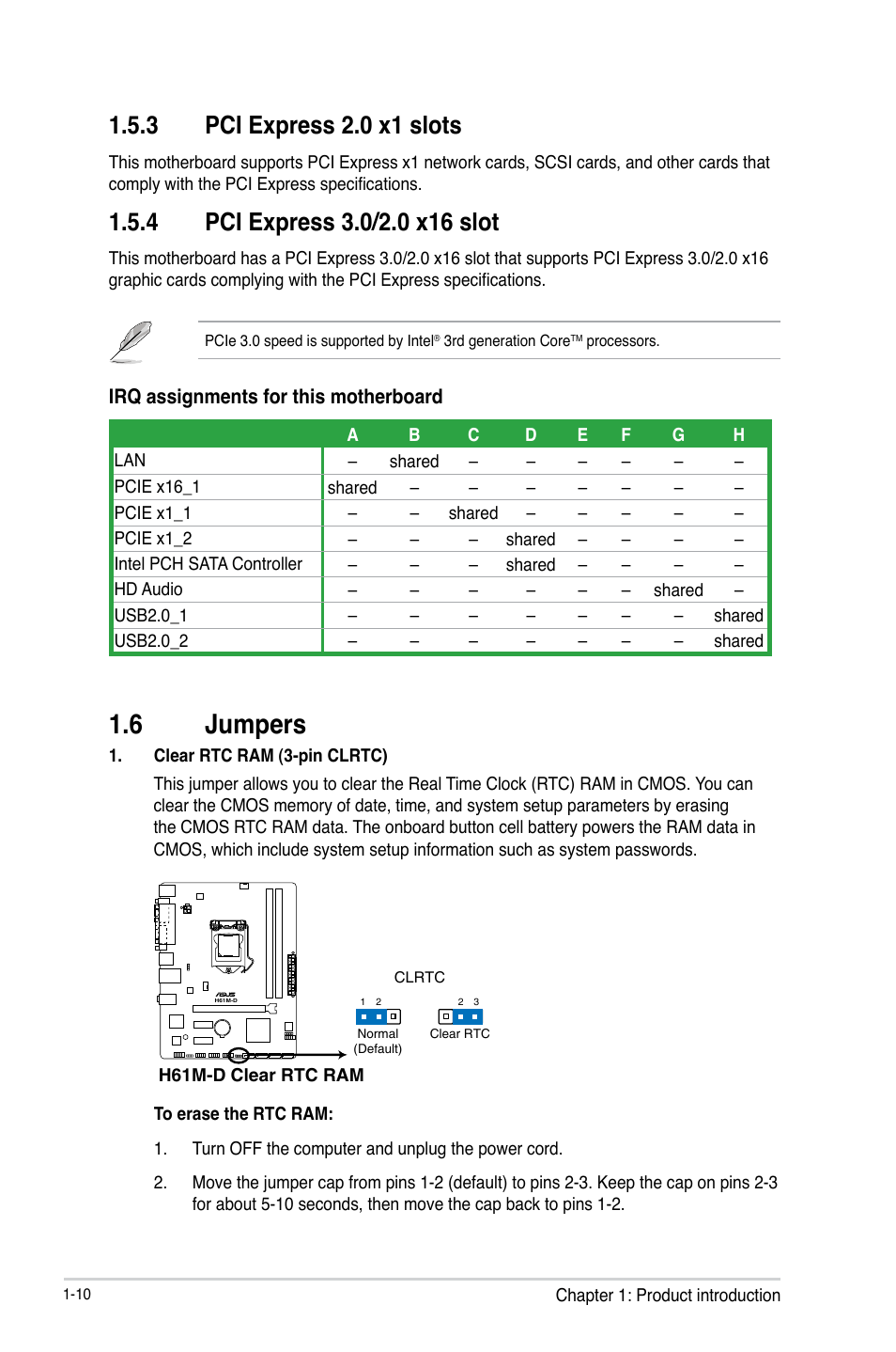 6 jumpers, Jumpers -10, 3 pci express 2.0 x1 slots | Asus H61M-D User Manual | Page 17 / 42