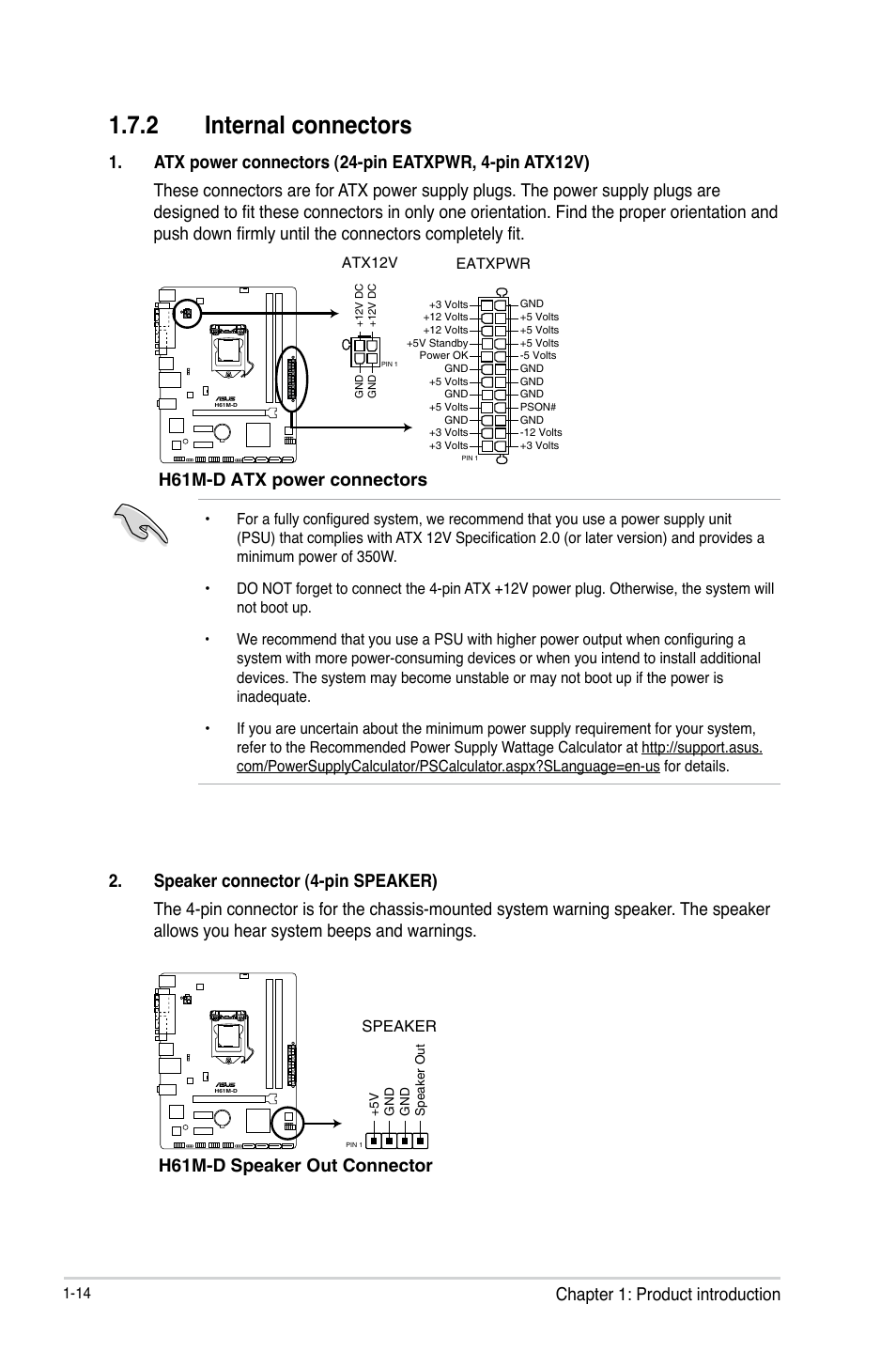 2 internal connectors, Chapter 1: product introduction, H61m-d atx power connectors | H61m-d speaker out connector | Asus H61M-D User Manual | Page 21 / 42