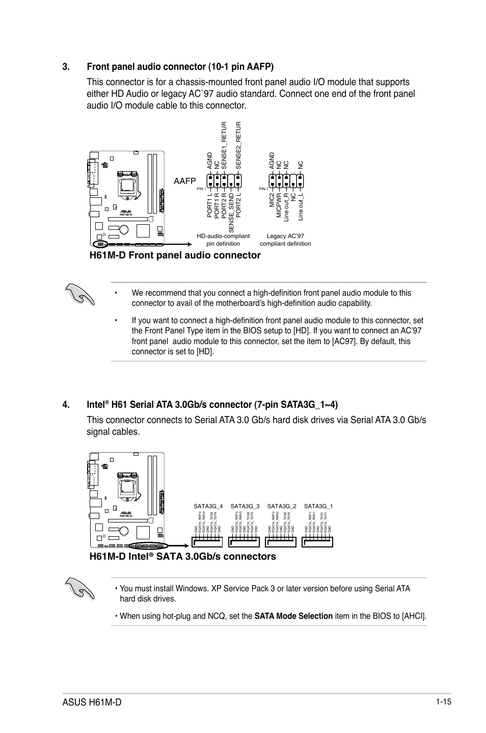 Asus h61m-d, H61m-d front panel audio connector, Intel | H61m-d intel, Sata 3.0gb/s connectors | Asus H61M-D User Manual | Page 22 / 42