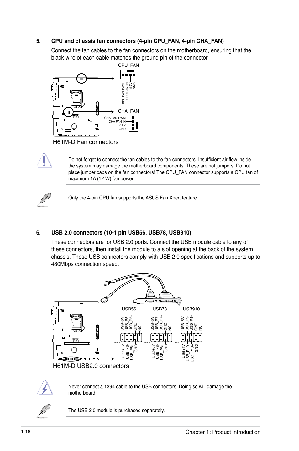 H61m-d fan connectors, H61m-d usb2.0 connectors | Asus H61M-D User Manual | Page 23 / 42