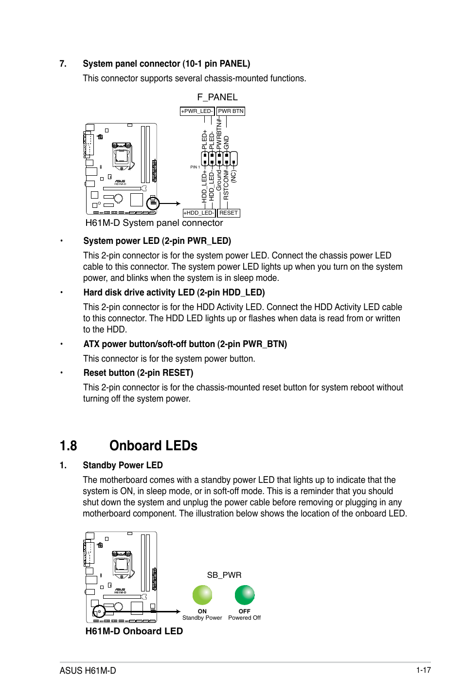 8 onboard leds, Onboard leds -17 | Asus H61M-D User Manual | Page 24 / 42