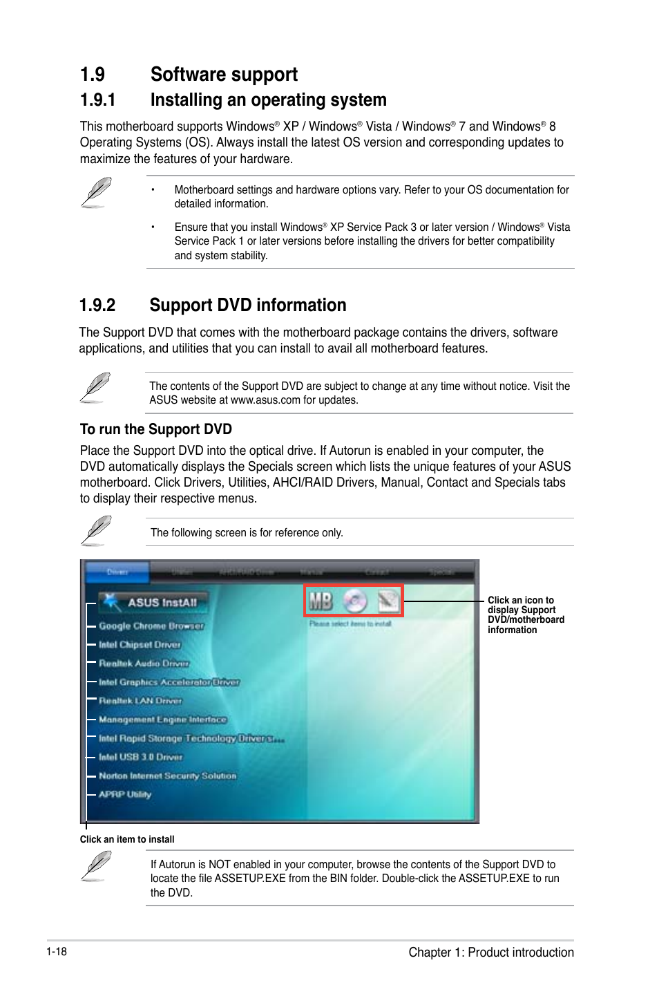 9 software support, Software support -18, 1 installing an operating system | 2 support dvd information | Asus H61M-D User Manual | Page 25 / 42