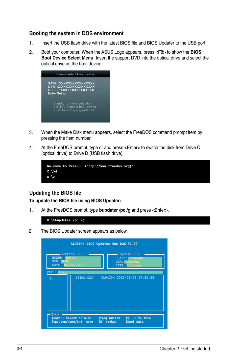 Updating the bios file, Booting the system in dos environment | Asus H61M-D User Manual | Page 29 / 42