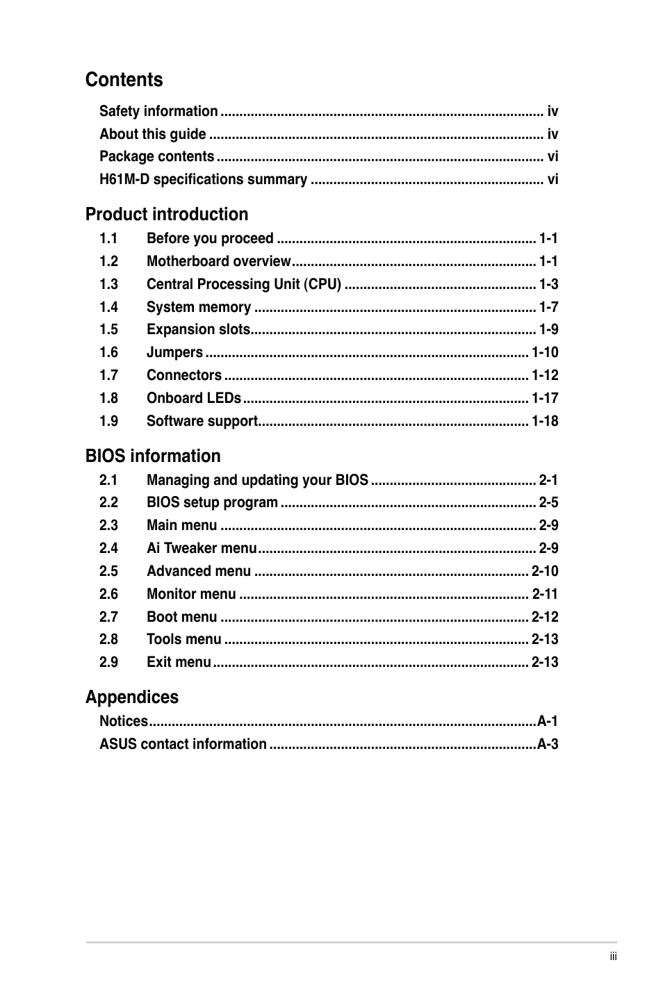 Asus H61M-D User Manual | Page 3 / 42