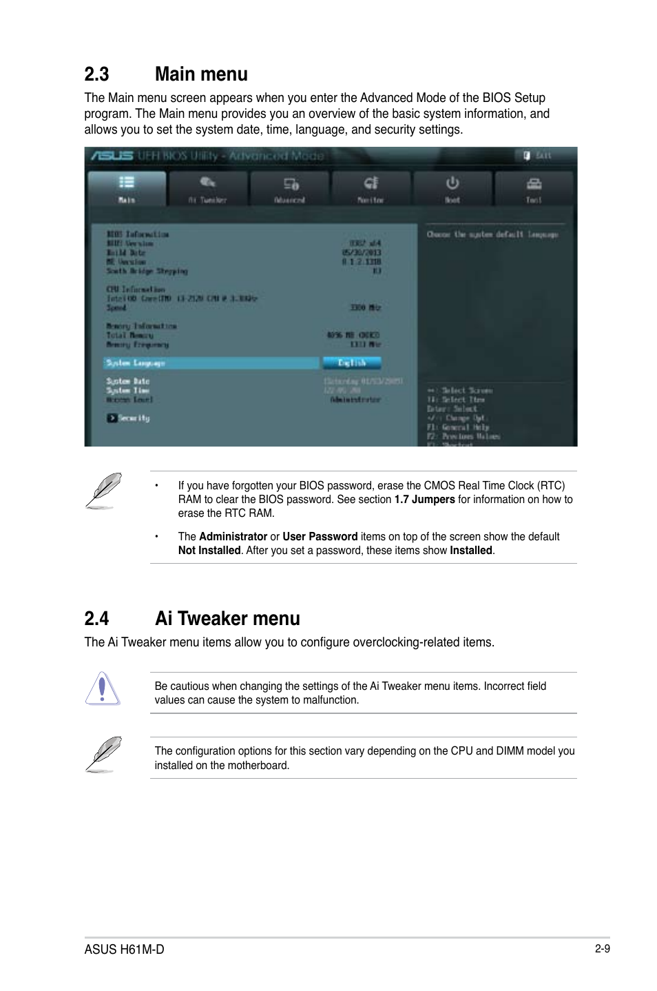 3 main menu, 4 ai tweaker menu, Main menu -9 | Ai tweaker menu -9 | Asus H61M-D User Manual | Page 34 / 42