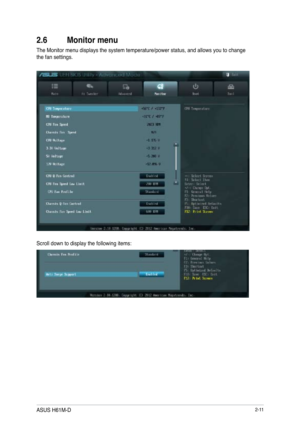 6 monitor menu, Monitor menu -11 | Asus H61M-D User Manual | Page 36 / 42