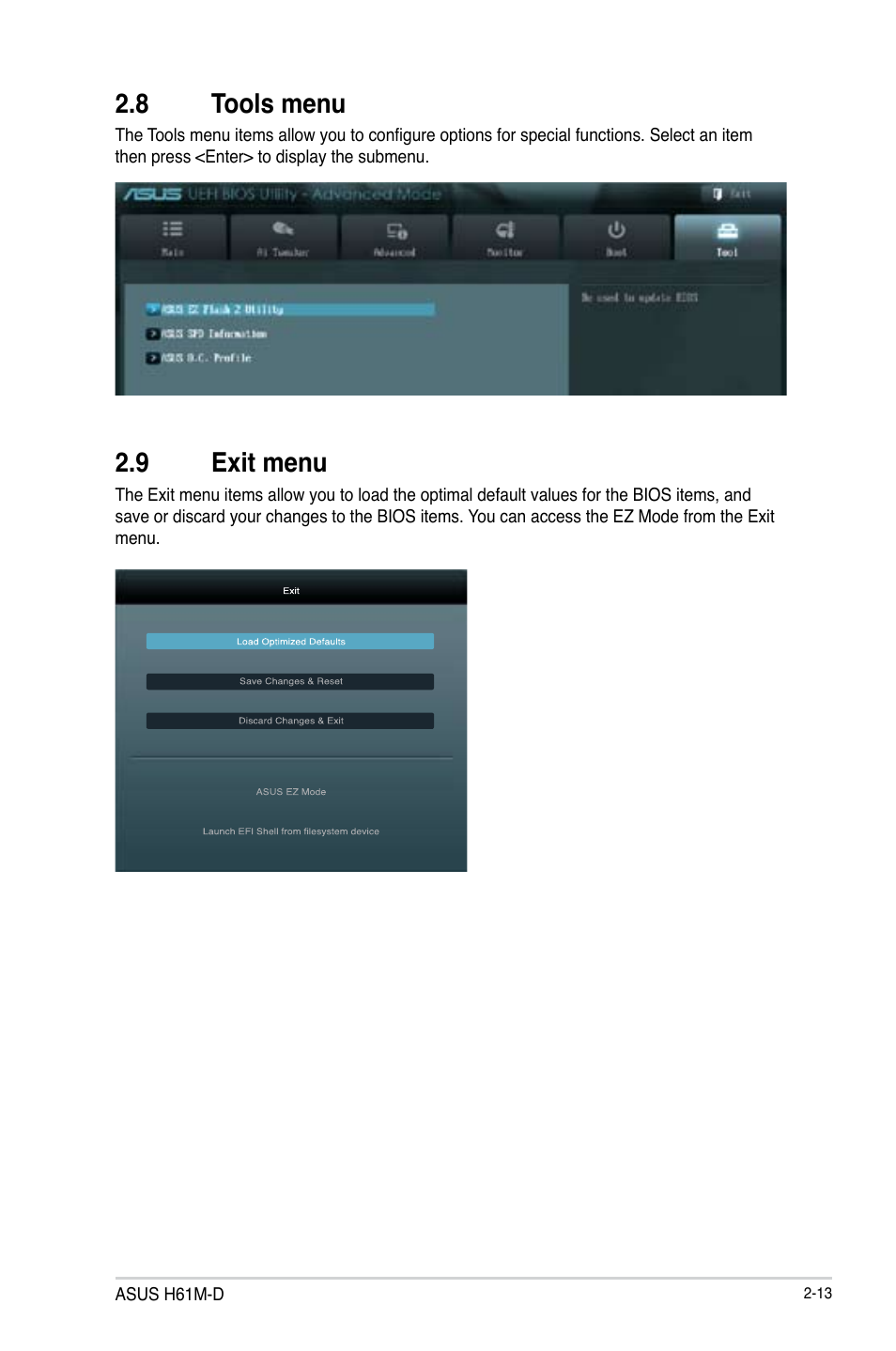 8 tools menu, 9 exit menu, Tools menu -13 | Exit menu -13 | Asus H61M-D User Manual | Page 38 / 42