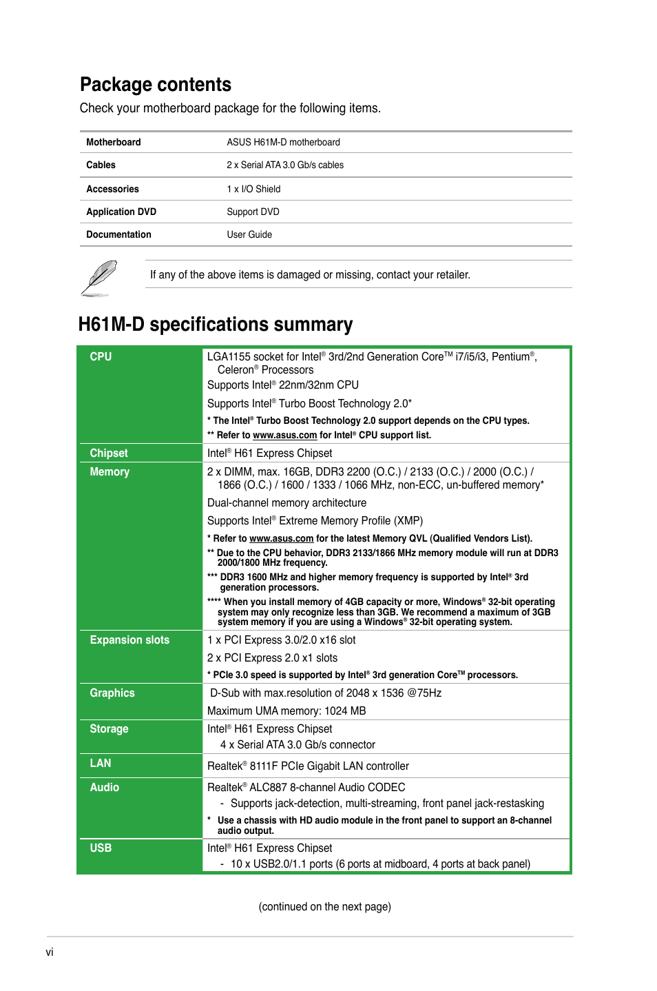 Package contents, H61m-d specifications summary | Asus H61M-D User Manual | Page 6 / 42