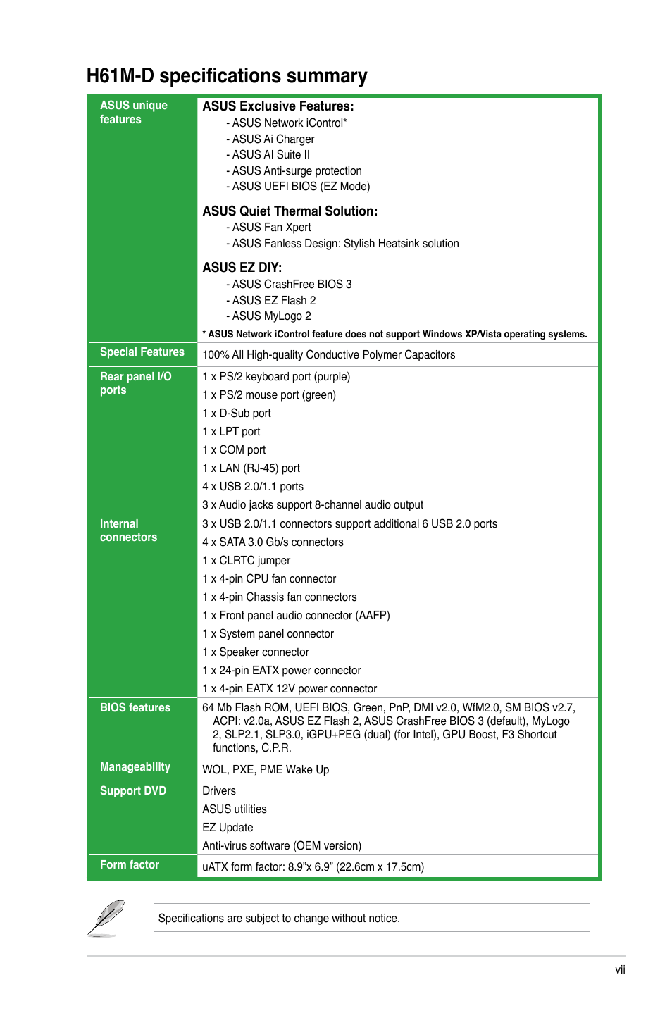 H61m-d specifications summary | Asus H61M-D User Manual | Page 7 / 42