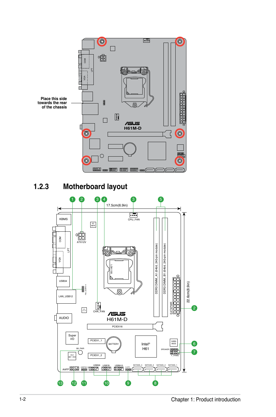 3 motherboard layout, Chapter 1: product introduction, H61m-d | Place this side towards the rear of the chassis | Asus H61M-D User Manual | Page 9 / 42