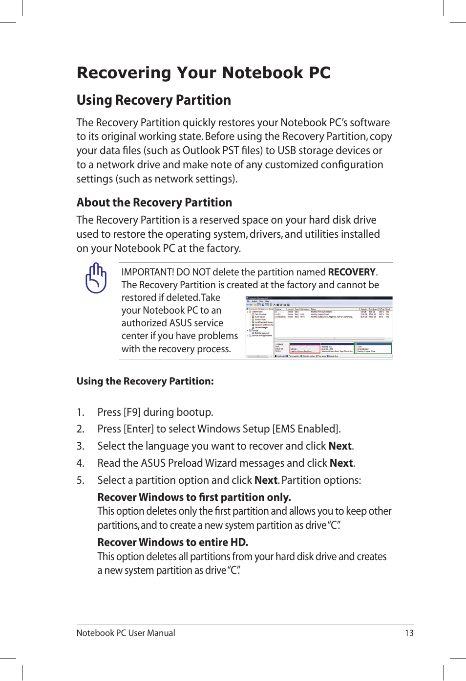 Recovering your notebook pc, Using recovery partition | Asus U30Jc User Manual | Page 13 / 26