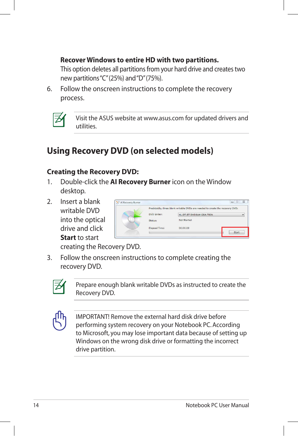 Using recovery dvd (on selected models) | Asus U30Jc User Manual | Page 14 / 26