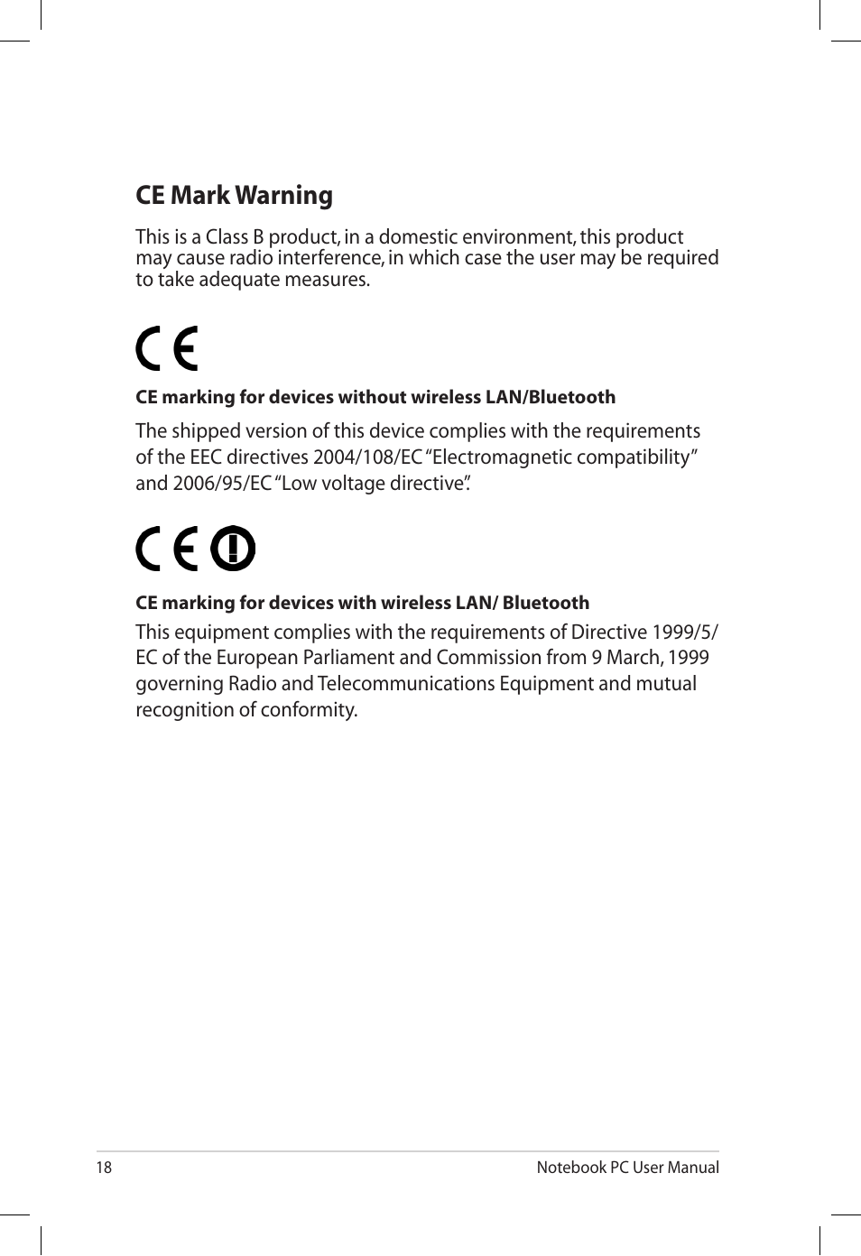 Ce mark warning | Asus U30Jc User Manual | Page 18 / 26
