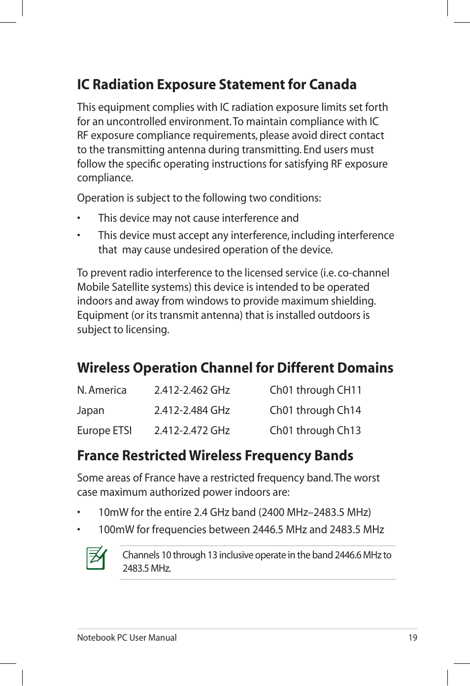 Ic radiation exposure statement for canada, Wireless operation channel for different domains, France restricted wireless frequency bands | Asus U30Jc User Manual | Page 19 / 26