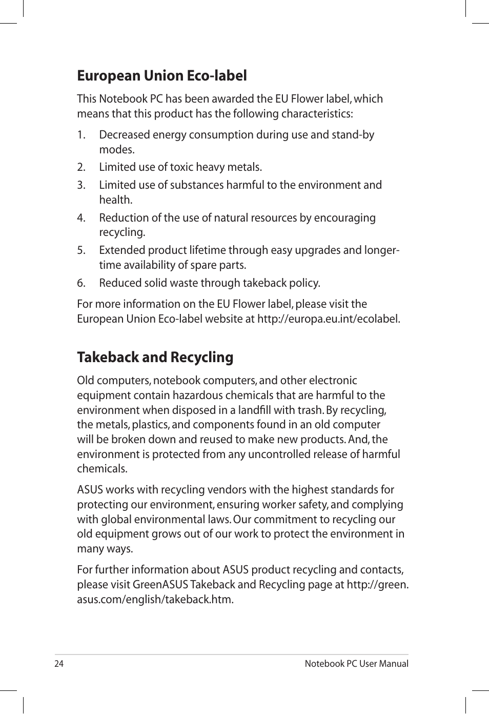 European union eco-label, Takeback and recycling, European union eco-label takeback and recycling | Asus U30Jc User Manual | Page 24 / 26