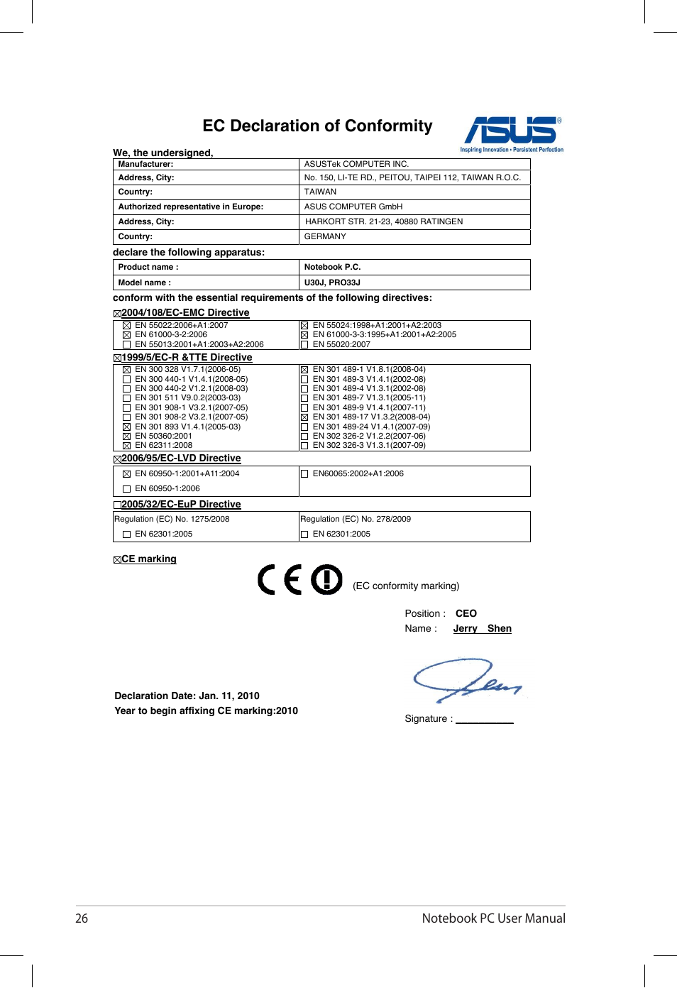 Ec declaration of conformity | Asus U30Jc User Manual | Page 26 / 26