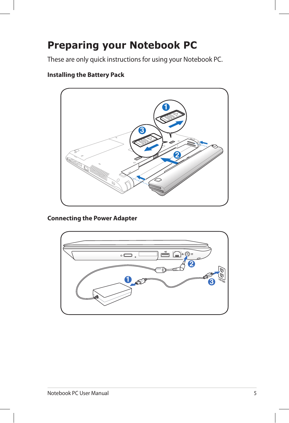 Preparing your notebook pc | Asus U30Jc User Manual | Page 5 / 26