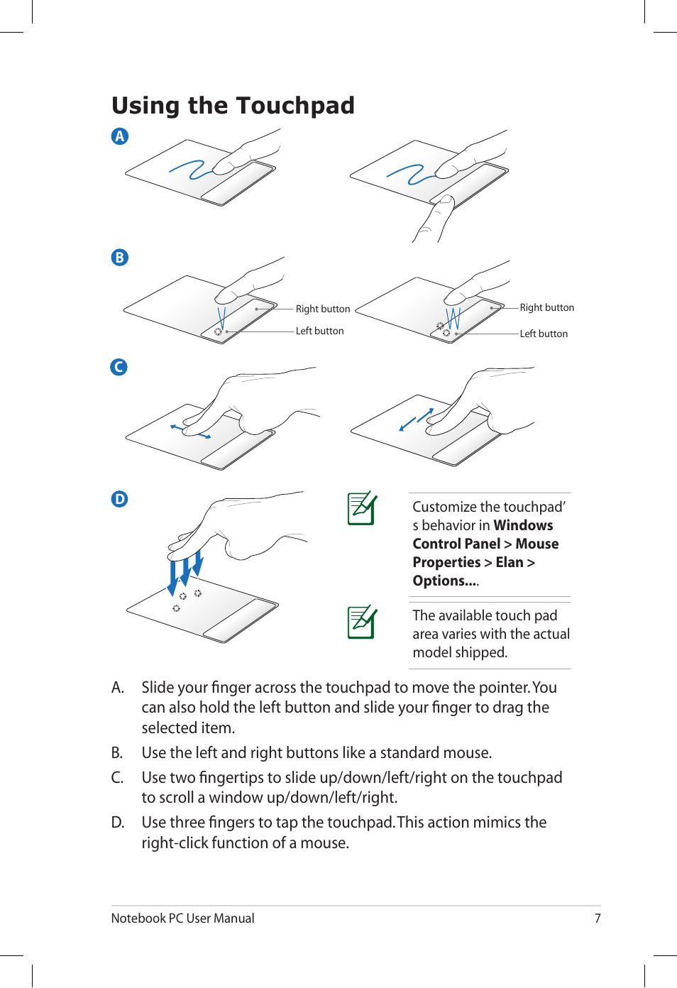 Using the touchpad | Asus U30Jc User Manual | Page 7 / 26