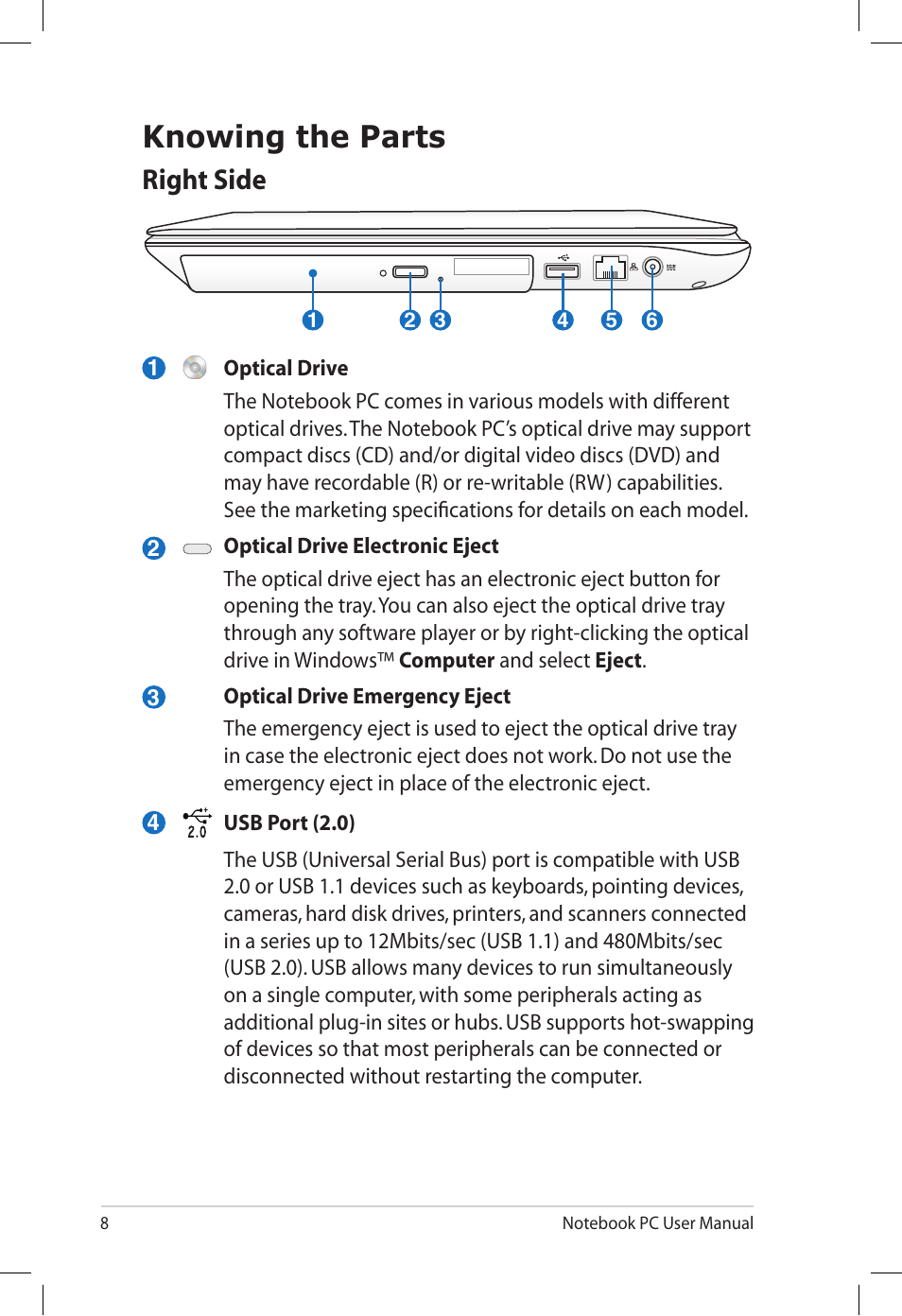 Knowing the parts, Right side | Asus U30Jc User Manual | Page 8 / 26