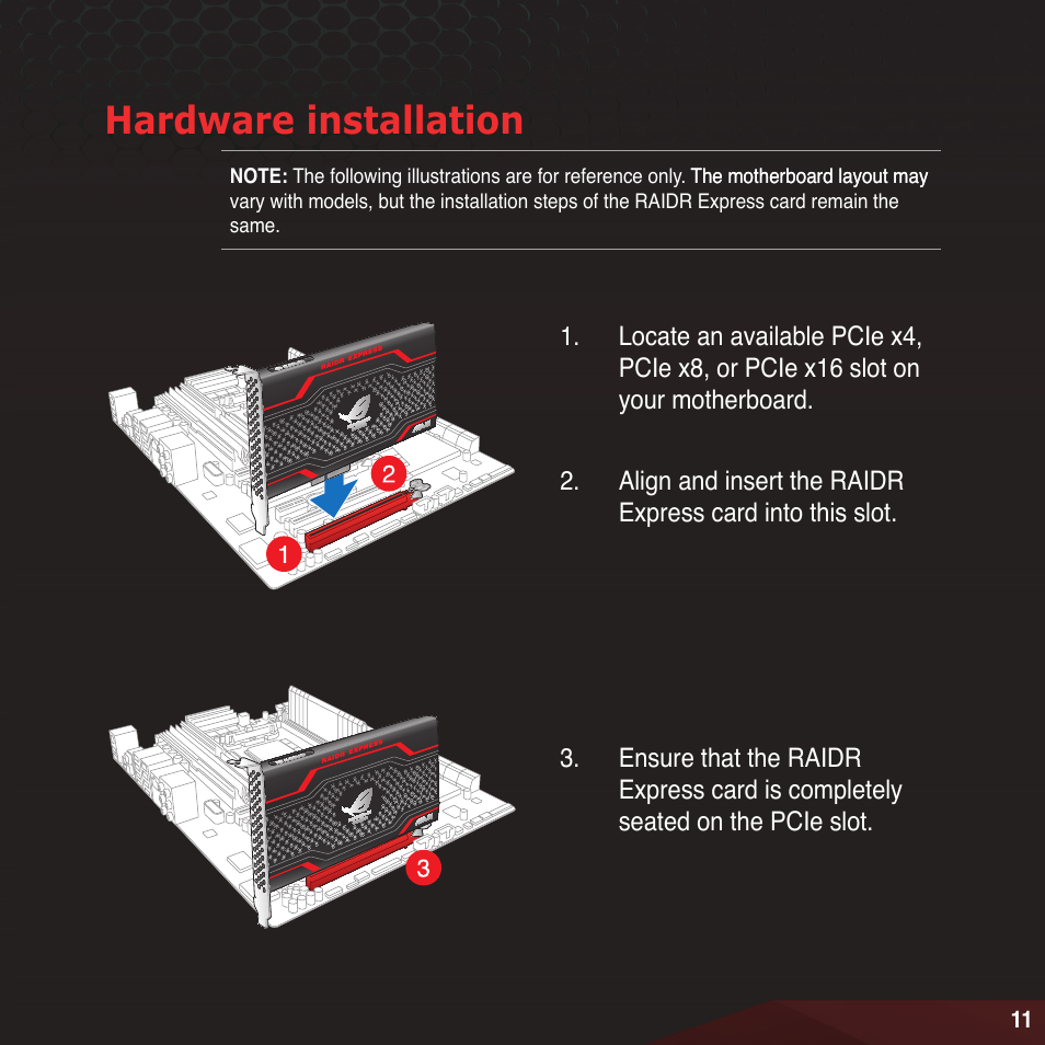 Hardware installation | Asus RAIDR Express PCIe SSD User Manual | Page 11 / 24