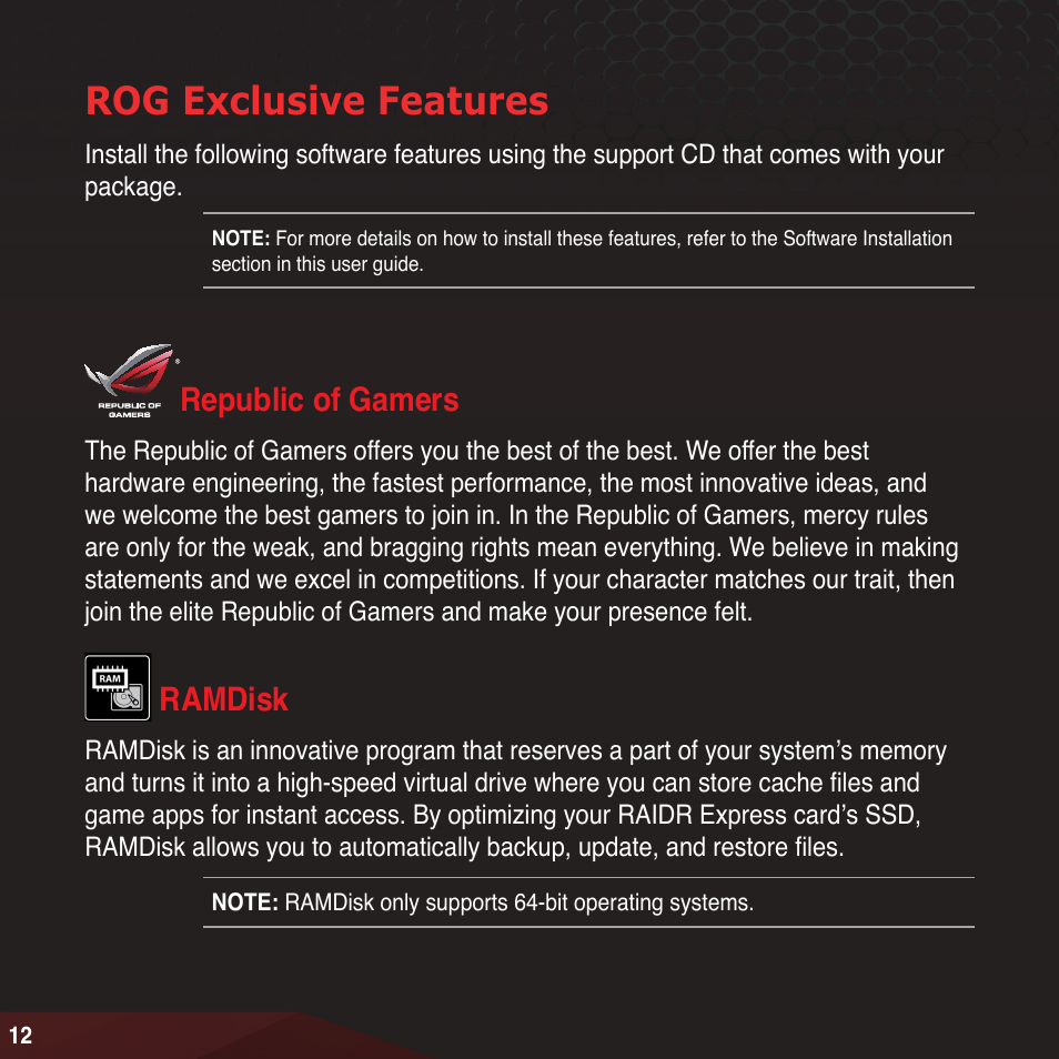 Rog exclusive features, Republic of gamers, Ramdisk | Republic of gamers ramdisk | Asus RAIDR Express PCIe SSD User Manual | Page 12 / 24