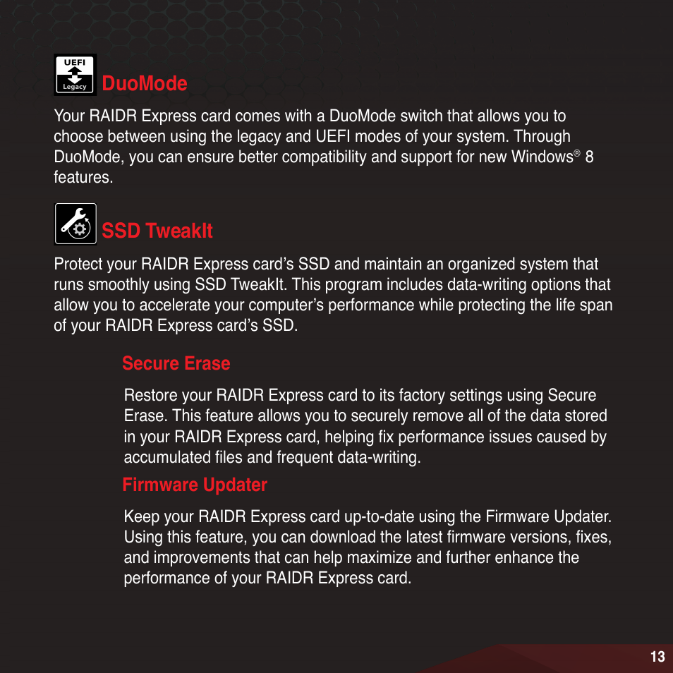 Duomode, Ssd tweakit, Duomode ssd tweakit | Asus RAIDR Express PCIe SSD User Manual | Page 13 / 24