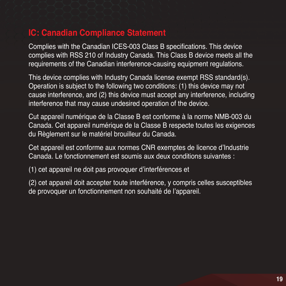 Ic: canadian compliance statement | Asus RAIDR Express PCIe SSD User Manual | Page 19 / 24