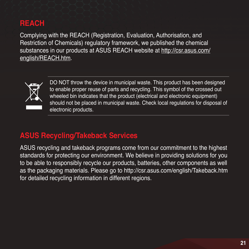 Reach, Asus recycling/takeback services | Asus RAIDR Express PCIe SSD User Manual | Page 21 / 24