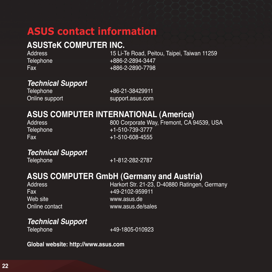 Asus contact information, Asustek computer inc, Asus computer international (america) | Asus computer gmbh (germany and austria), Technical support | Asus RAIDR Express PCIe SSD User Manual | Page 22 / 24