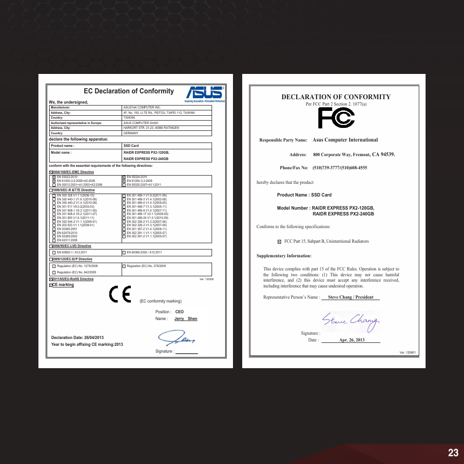 Ec declaration of conformity, Declaration of conformity, Asus computer international | Asus RAIDR Express PCIe SSD User Manual | Page 23 / 24