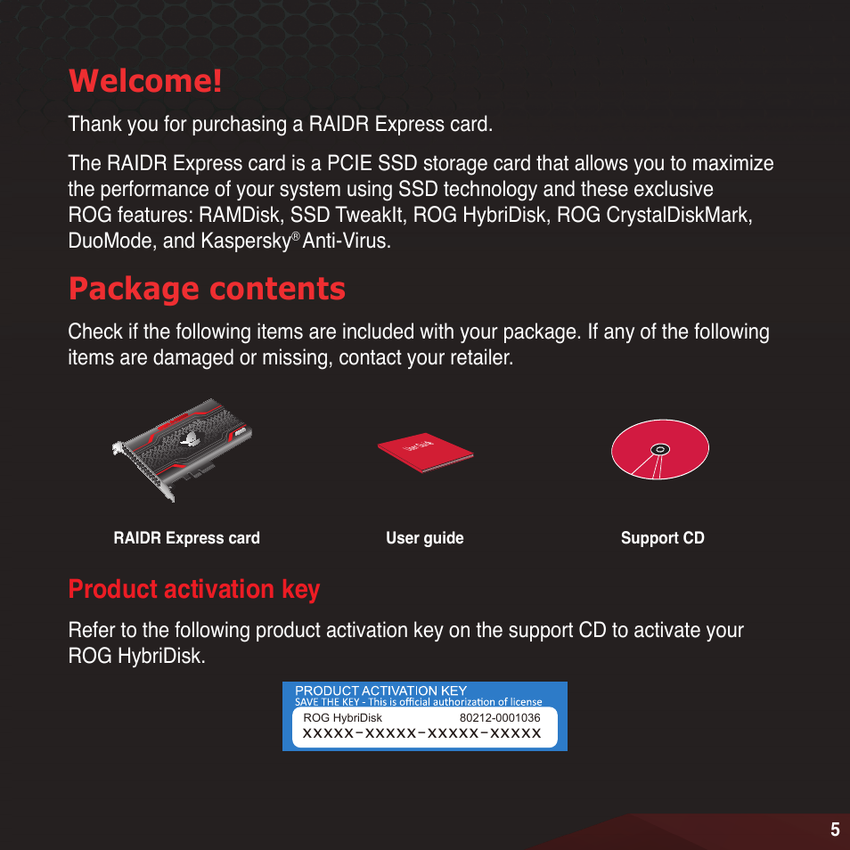 Package contents, Welcome, Product activation key | Asus RAIDR Express PCIe SSD User Manual | Page 5 / 24