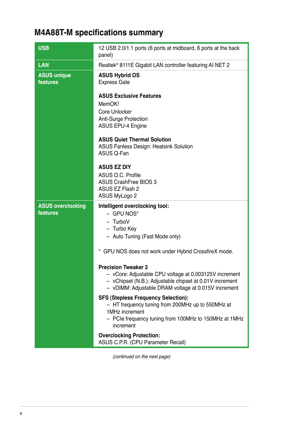 M4a88t-m specifications summary | Asus M4A88T-M/USB3 User Manual | Page 10 / 70