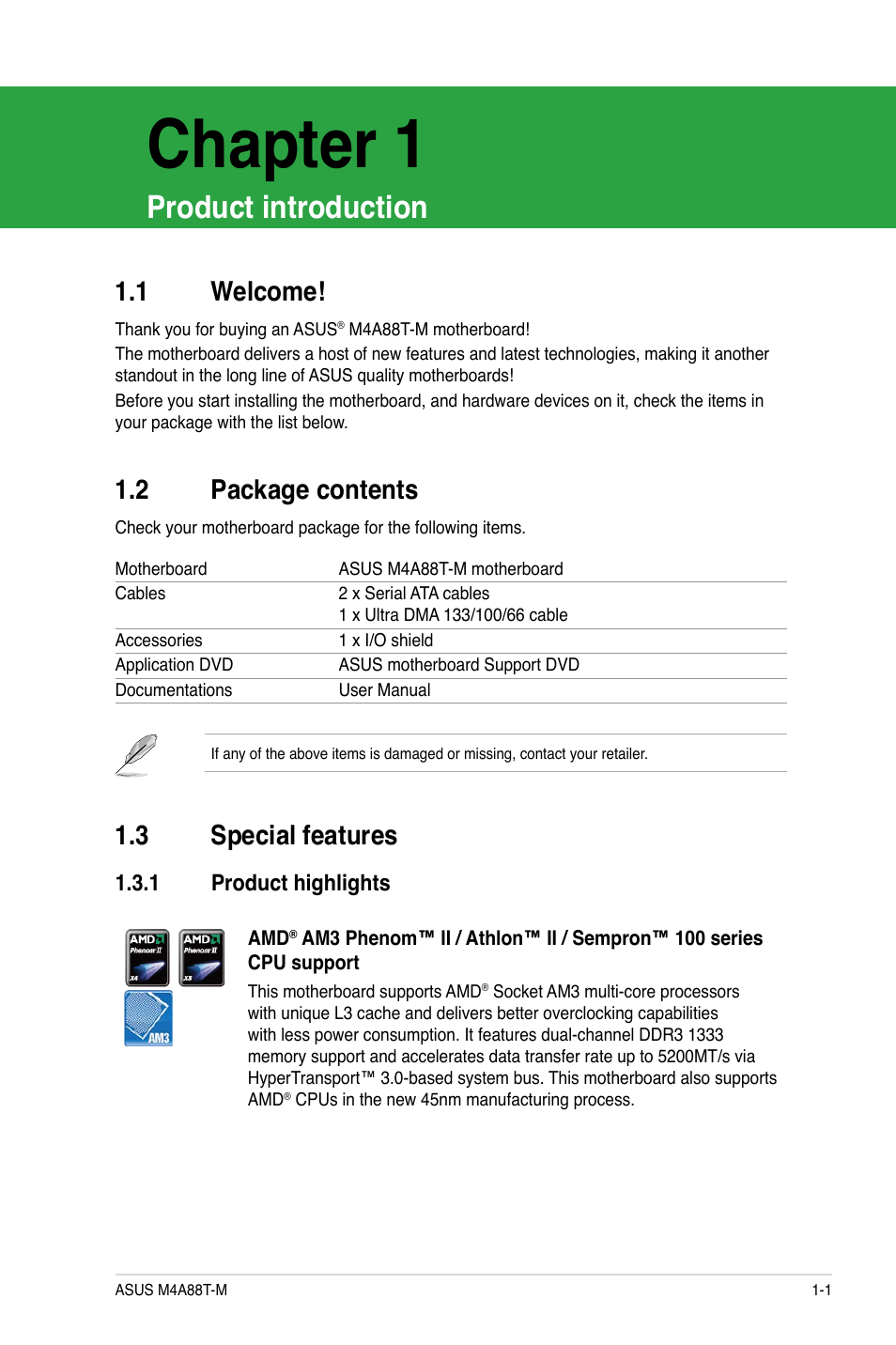 Chapter 1, Product introduction, 1 welcome | 2 package contents, 3 special features, 1 product highlights, Welcome! -1, Package contents -1, Special features -1 1.3.1, Product highlights -1 | Asus M4A88T-M/USB3 User Manual | Page 13 / 70