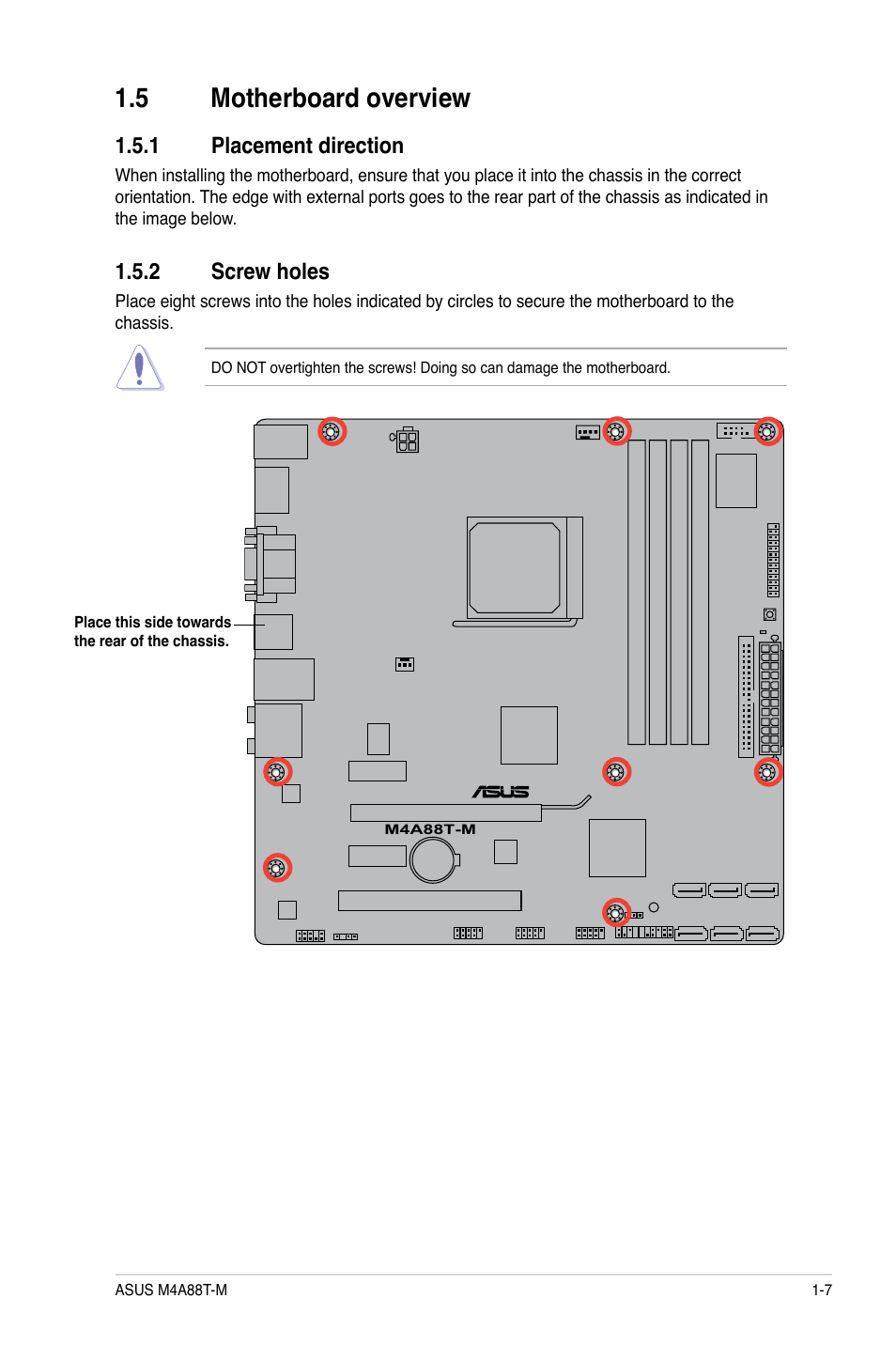 5 motherboard overview, 1 placement direction, 2 screw holes | Motherboard overview -7 1.5.1, Placement direction -7, Screw holes -7 | Asus M4A88T-M/USB3 User Manual | Page 19 / 70