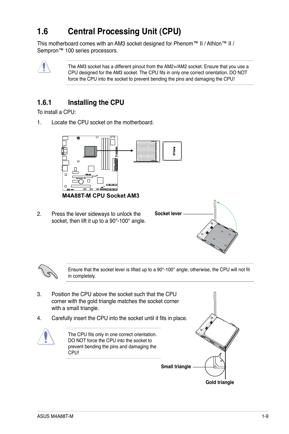 6 central processing unit (cpu), 1 installing the cpu, Central processing unit (cpu) -9 1.6.1 | Installing the cpu -9 | Asus M4A88T-M/USB3 User Manual | Page 21 / 70