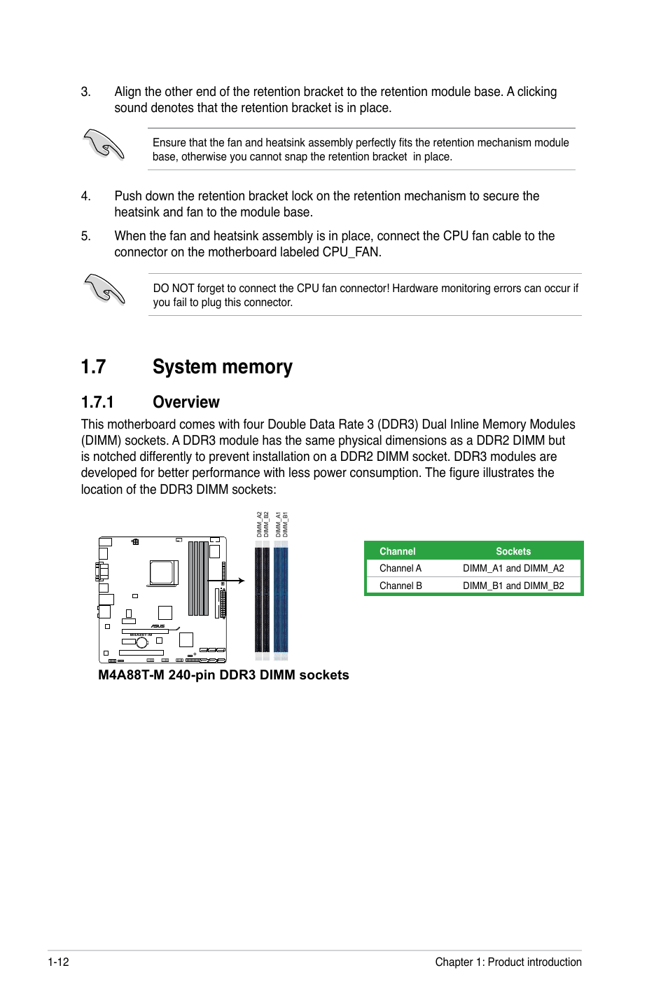 7 system memory, 1 overview, System memory -12 1.7.1 | Overview -12 | Asus M4A88T-M/USB3 User Manual | Page 24 / 70