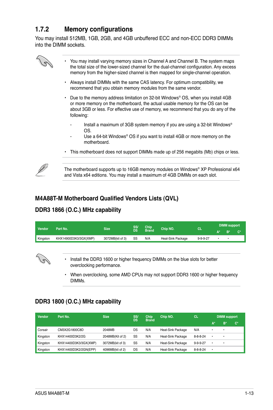 2 memory configurations, Memory configurations -13 | Asus M4A88T-M/USB3 User Manual | Page 25 / 70