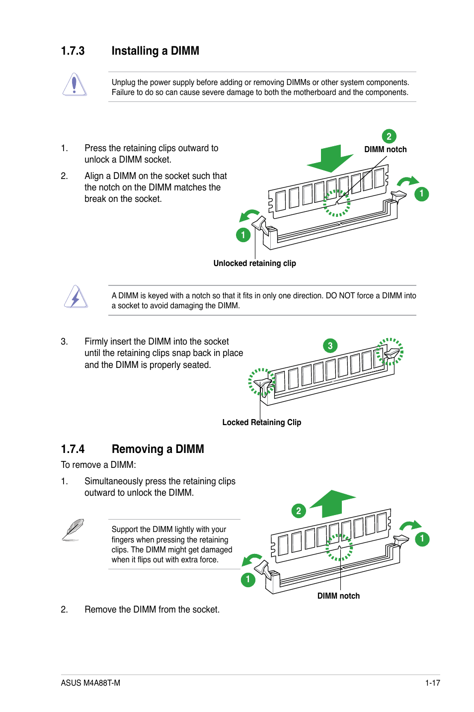 3 installing a dimm, 4 removing a dimm, Installing a dimm -17 | Removing a dimm -17 | Asus M4A88T-M/USB3 User Manual | Page 29 / 70