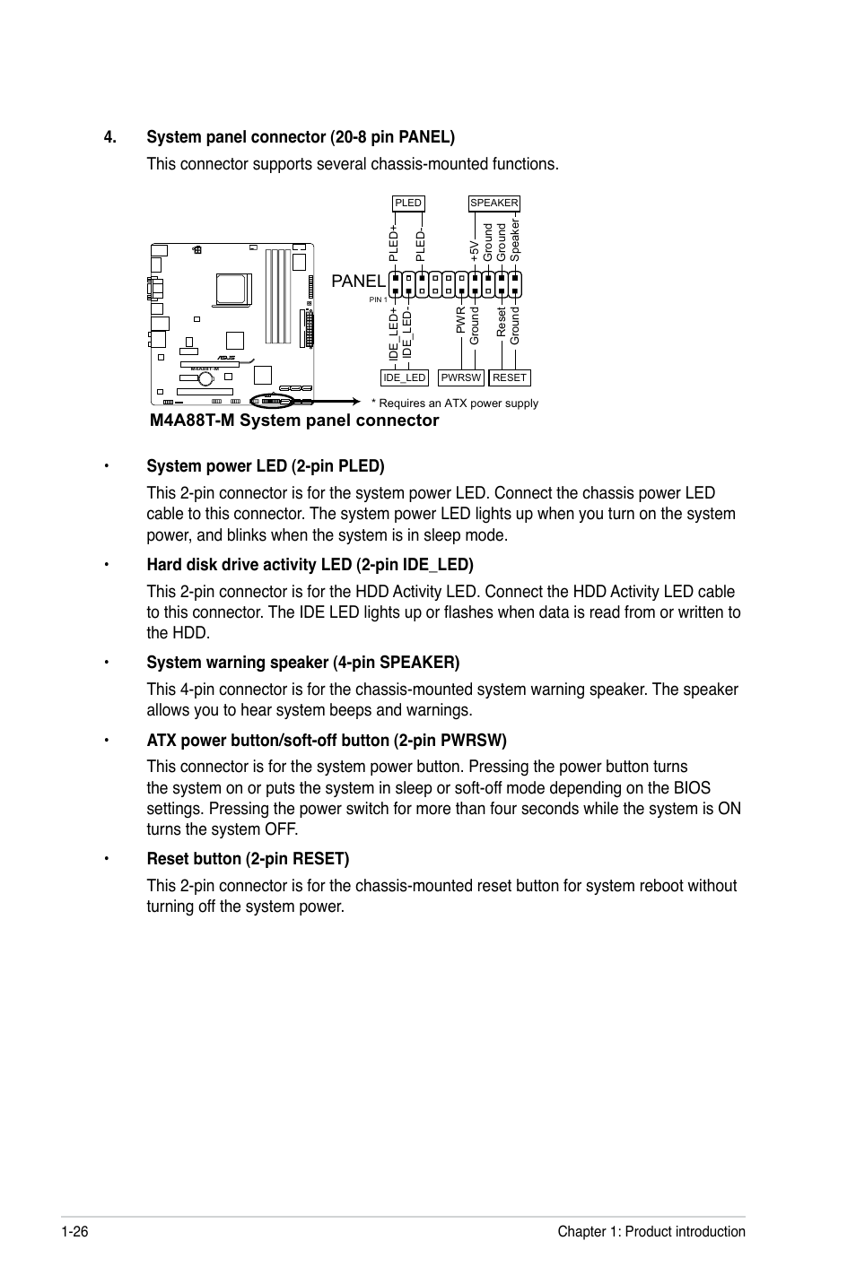 Panel, M4a88t-m system panel connector | Asus M4A88T-M/USB3 User Manual | Page 38 / 70