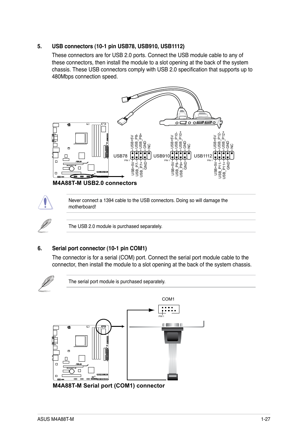 M4a88t-m serial port (com1) connector, The serial port module is purchased separately | Asus M4A88T-M/USB3 User Manual | Page 39 / 70